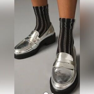 Anthropologie Slip On Lug Penny Loafers Silver 9/9.5N
